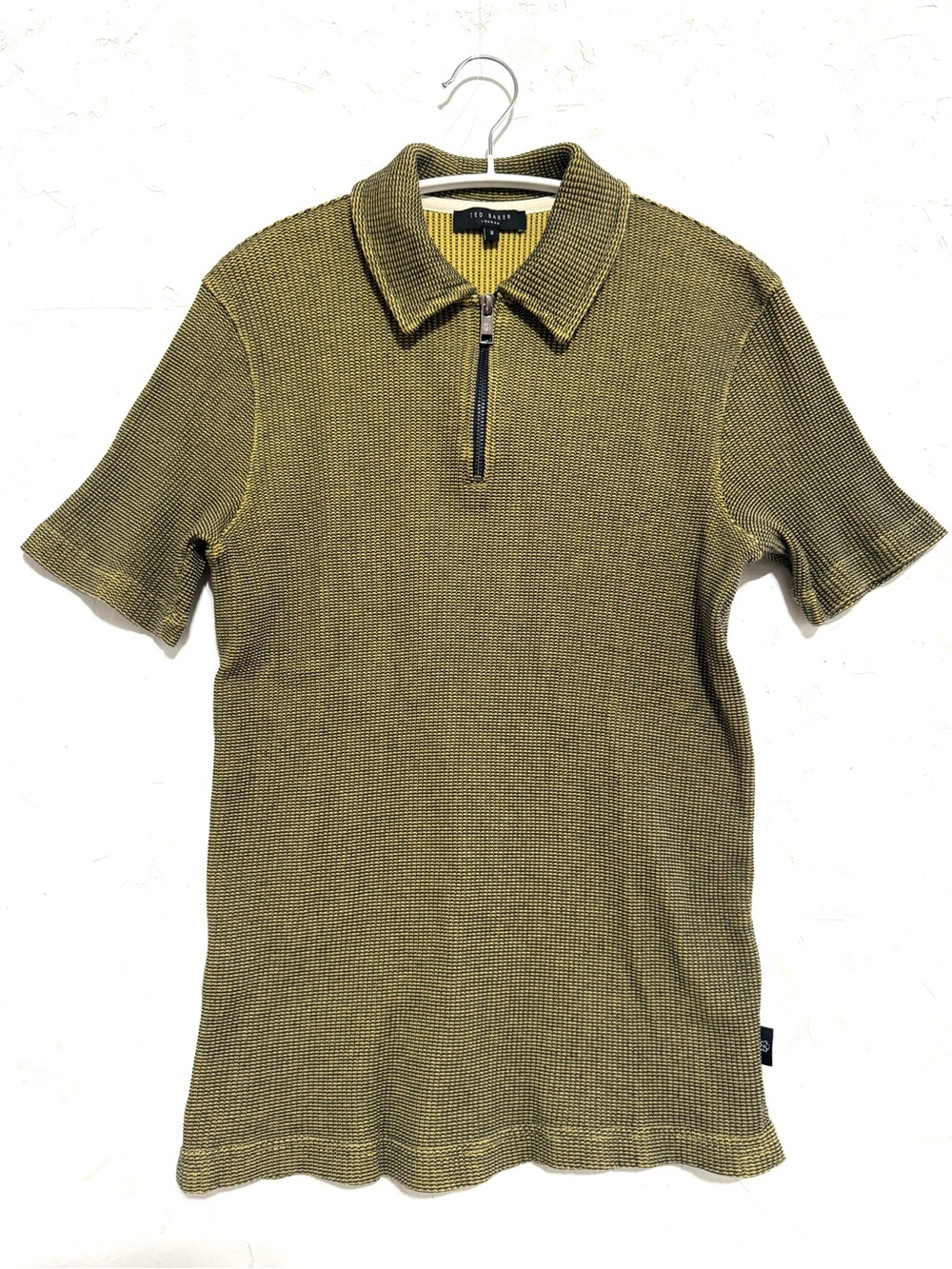 Ted Baker London Textured Knit Quarter Zip Polo Shirt Olive Black Size 2